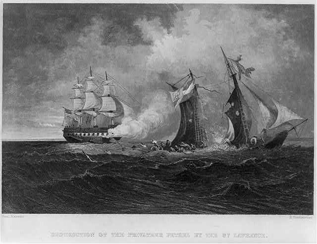 destruction of the privateer PETREL by the ST. LAWRENCE, showing the smaller ship, the Petrel sinking while in the background the frigate St. Lawrence is firing cannon at the vessel.