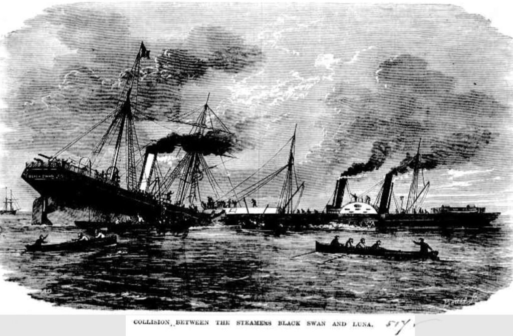 Illustration of the collision between the Black Swan and the Luna, showing the two steamers collided with the vessel to the left, the Black Swan, going down by the bow. Rescuers row boats toward the disaster.
